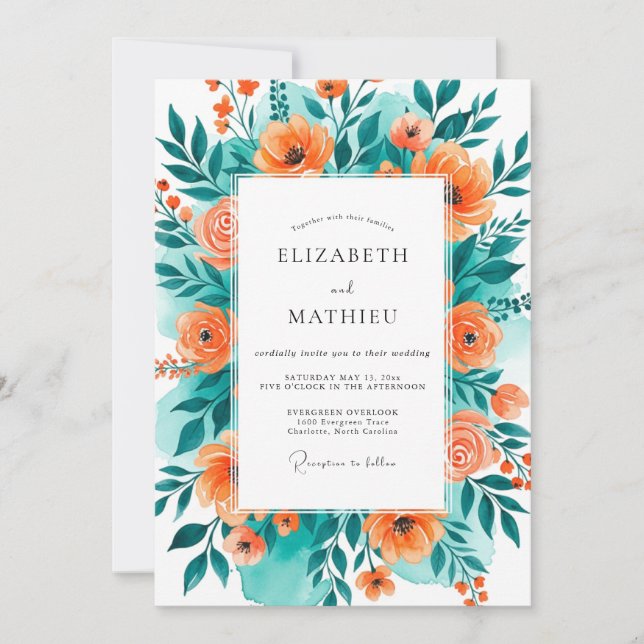 Invitation Teal Orange Blissful Summer Wedding (Devant)
