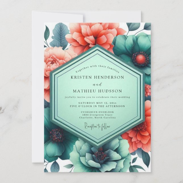 Invitation Teal Paprika Vibrant Flora Wedding (Devant)
