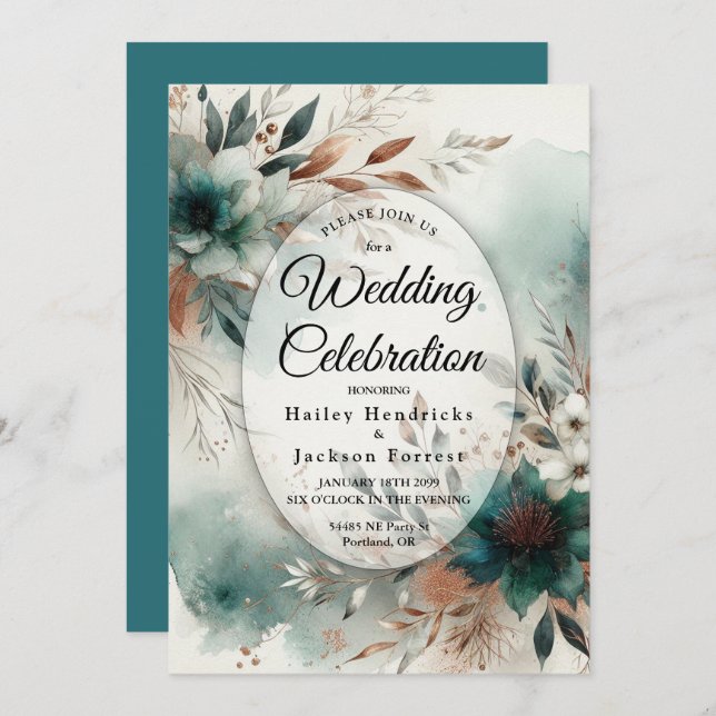 Invitation Teal Petals in Bronze Bloom Wedding (Devant / Derrière)
