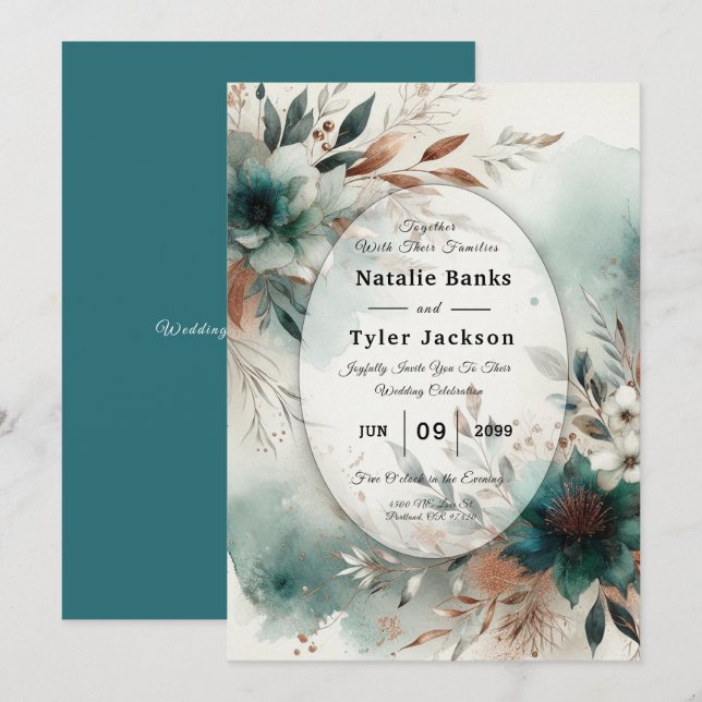Invitation Teal Petals in Bronze Bloom Wedding (Devant / Derrière)