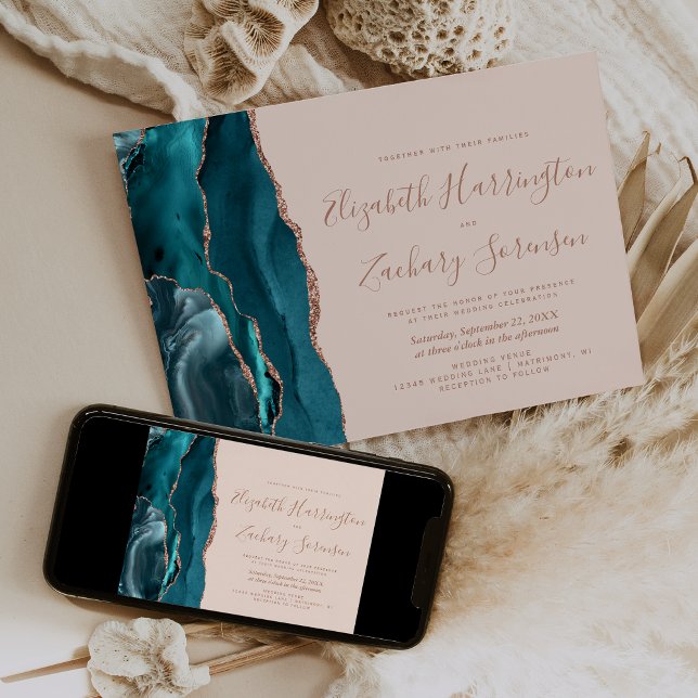 Invitation Teal Rose Gold Agate Blush Horizontal Wedding (Créateur téléchargé)