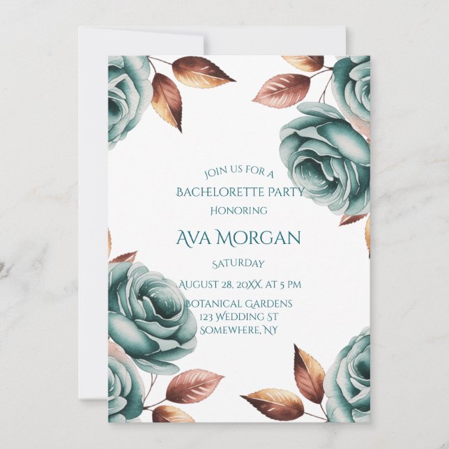 Invitation Teal Roses and Copper Leaves Bachelorette Party (Devant)