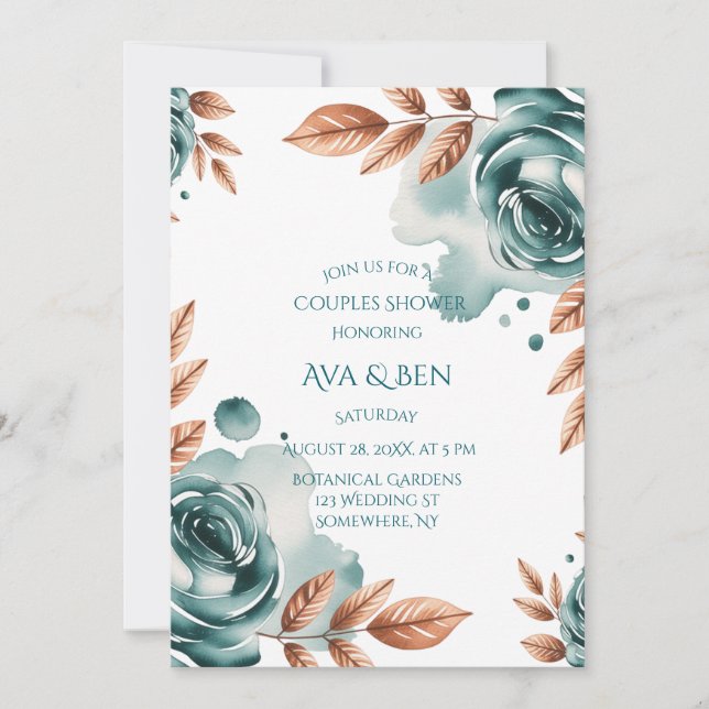 Invitation Teal Roses and Copper Leaves Couples Shower (Devant)