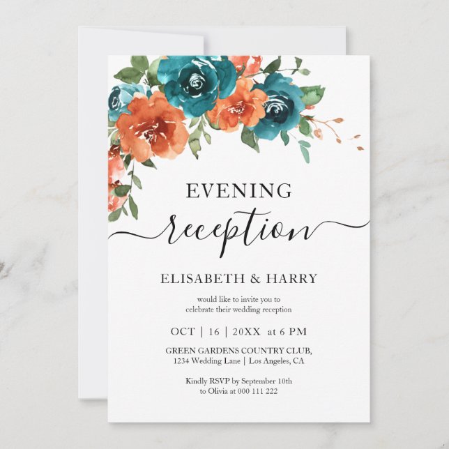 Invitation Teal Rust Burnt Orange Floral Fall Wedding  (Devant)