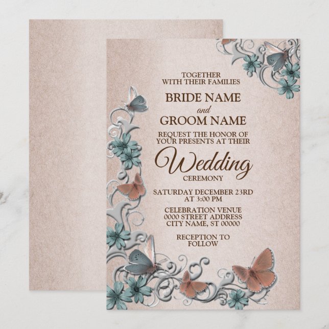 Invitation Teal Silver Floral Copper Butterfly Tan Wedding (Devant / Derrière)