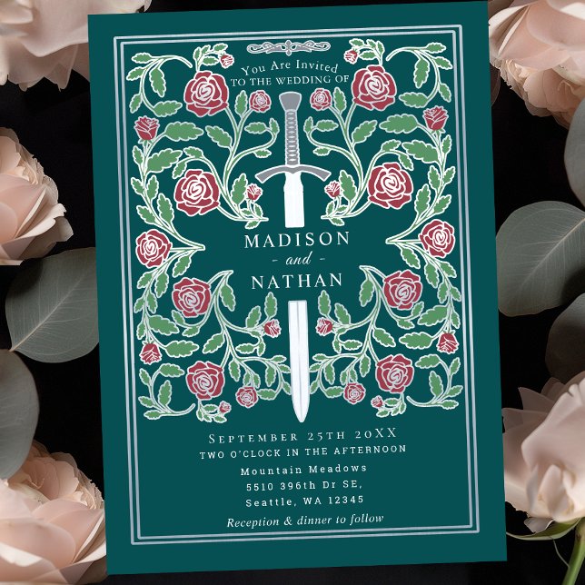 Invitation Teal Silver Sword Floral Medieval Fantasy Wedding (Créateur téléchargé)