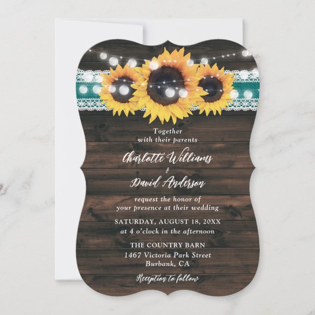Invitation Teal Sunflower Rustic Wood String Lights Wedding (Devant)