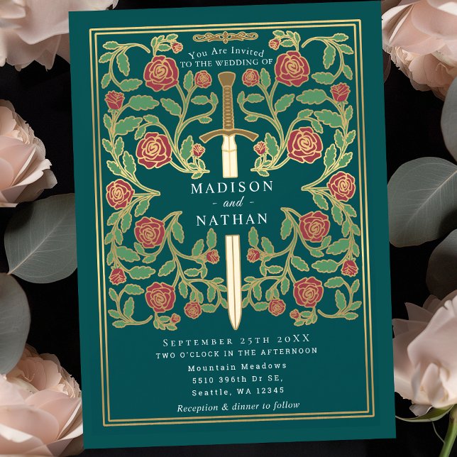 Invitation Teal Sword Floral Medieval Fantasy Wedding  (Créateur téléchargé)