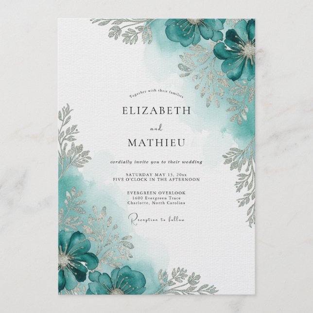 Invitation Teal Watercolor Bloom Wedding (Devant)
