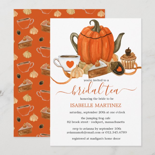 Invitation Teapot Citrouille orange Chute Thé nuptial (Devant / Derrière)
