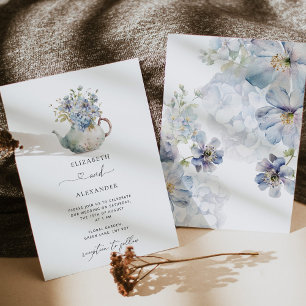 Invitation Teapot floral élégant mariage bleu