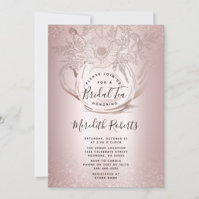 Invitation Teapot floral rose or Blush Foil Thé nuptial (Devant)