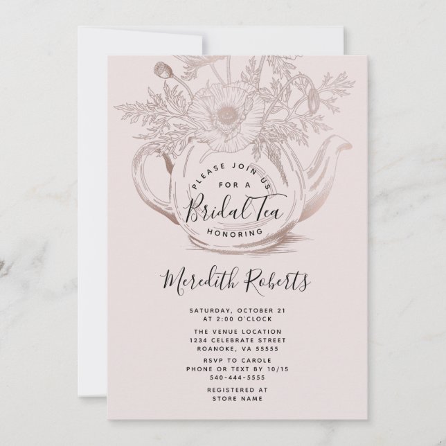 Invitation Teapot Floral rose Or Blush Pink Bridal Tea (Devant)