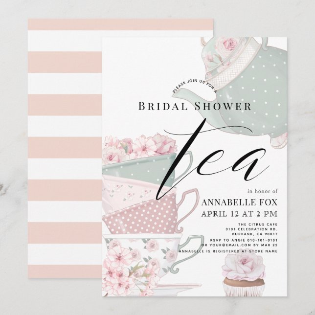 Invitation Teapot Floral & Tasses À Thé Fête des mariées rose (Devant / Derrière)