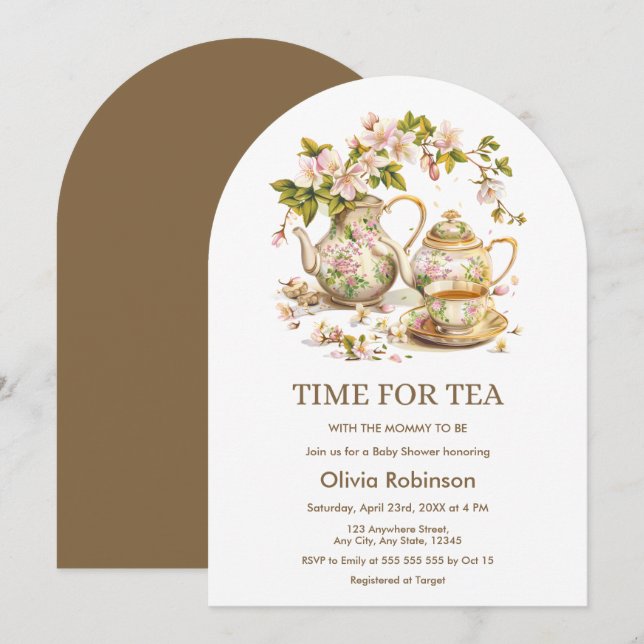 Invitation Teapot Floral Temps pour le Baby shower de thé (Devant / Derrière)