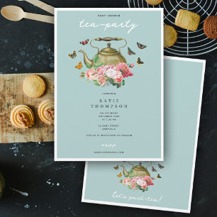 Invitation Teapot Party Blue Floral Butterflies Baby shower