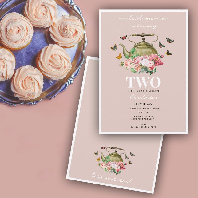 Invitation Teapot Party Rose Floral Papillons Fille Anniversa (Teapot Party Pink Floral Butterflies Girl Birthday Invitation)