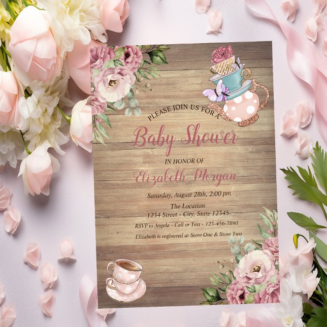 Invitation Teapot Tasse de thé Baby shower en bois floral (Créateur téléchargé)