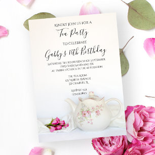 Invitation Teapot vintage et rose roses fête d'anniversaire