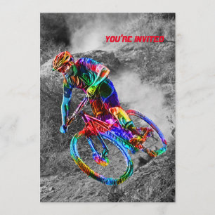Invitation Technicolor Mountain Biker Racing Down a Trail