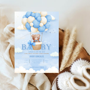 Invitation Teddby Bear Balloon Blue Sky Baby Boy Douche