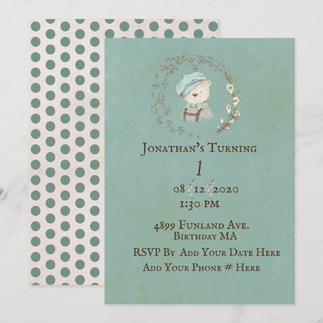 Invitation Teddy Bear 1er premier anniversaire Personnaliser  (Devant / Derrière)