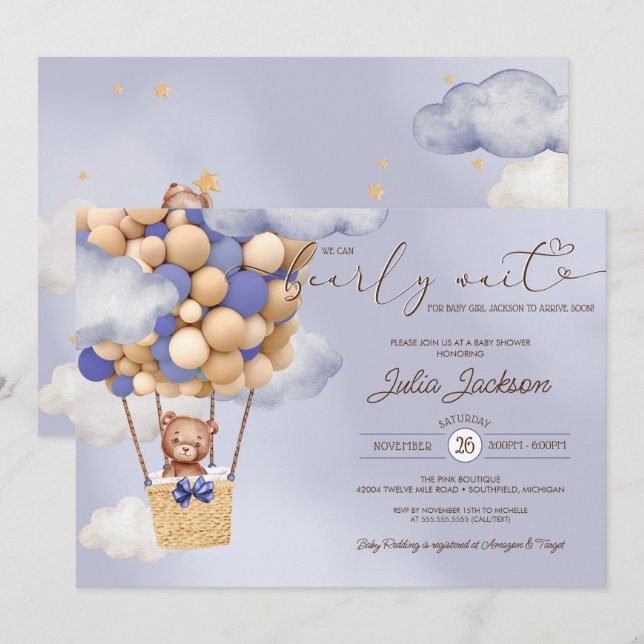 Invitation Teddy Bear Air Balloon Blue Cloud Boy Baby shower (Devant / Derrière)