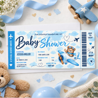 Invitation Teddy Bear Airplane Boarding Pass Boy Baby Shower