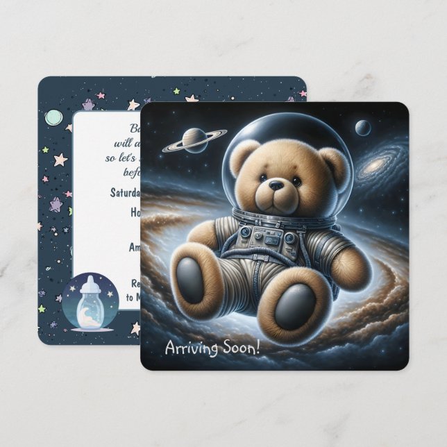 Invitation Teddy Bear Astronaut Baby Boy Shoy (Devant / Derrière)