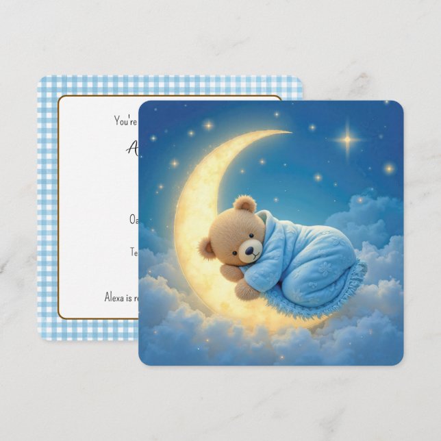 Invitation Teddy Bear Baby Boy Douche (Devant / Derrière)