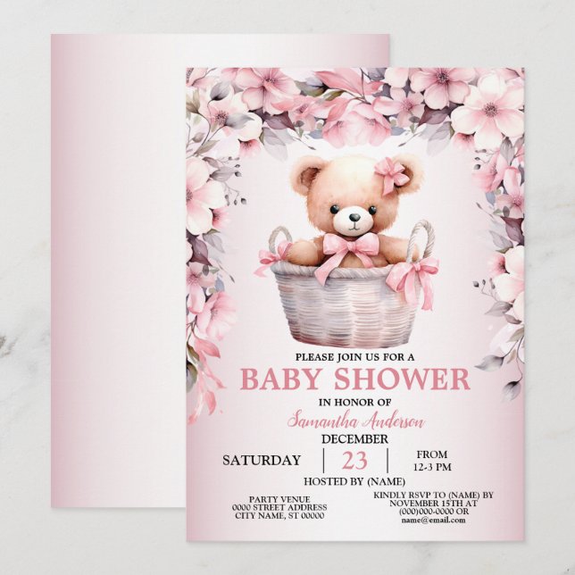 Invitation Teddy Bear Baby Girl Baby shower de fleurs roses (Devant / Derrière)
