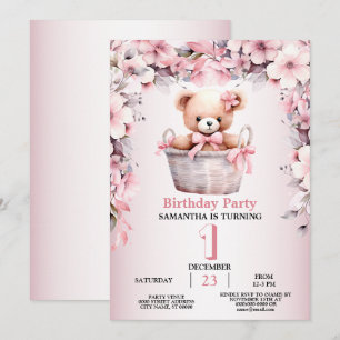 Invitation Teddy Bear Baby Girl Fleurs roses Soirée Élégante