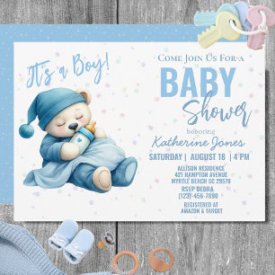 Invitation Teddy Bear Baby shower Blue Boy