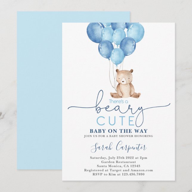 Invitation Teddy Bear Baby shower Boy (Devant / Derrière)
