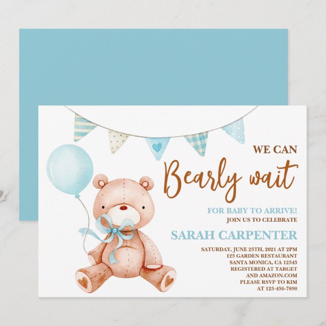 Invitation Teddy Bear Baby shower Boy (Devant / Derrière)
