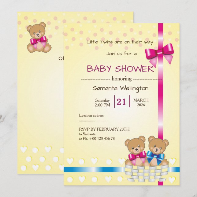 Invitation teddy bear baby shower, we are TWINS (Devant / Derrière)
