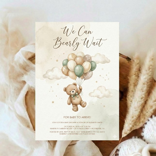 Invitation Teddy Bear Baby Shower with Brown Sage Balloons (Créateur téléchargé)