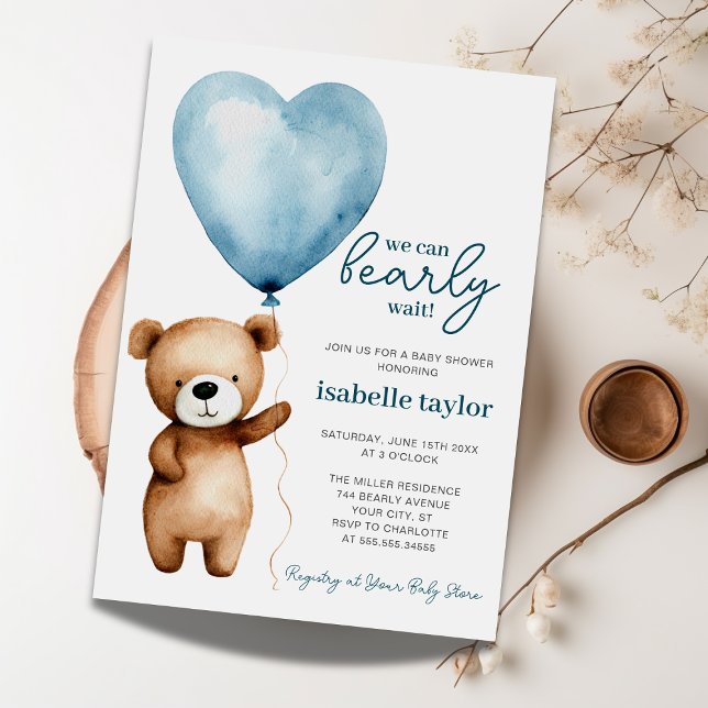 Invitation Teddy Bear Balloon Boy Bearly Wait Baby shower (Créateur téléchargé)