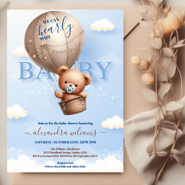 Invitation Teddy Bear Balloon Boy Bearly Wait Baby shower (Créateur téléchargé)