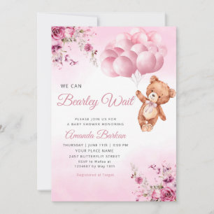 Invitation Teddy Bear Balloon fille Bearly Wait Baby shower