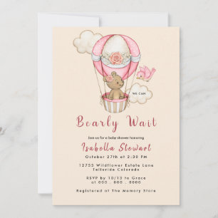 Invitation Teddy Bear Balloon Girl Bearly Wait Baby shower