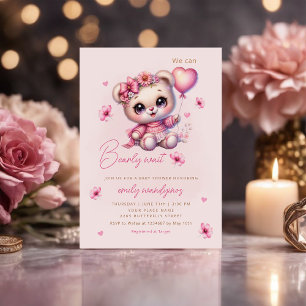 Invitation Teddy Bear Balloon Girl Bearly Wait Baby shower