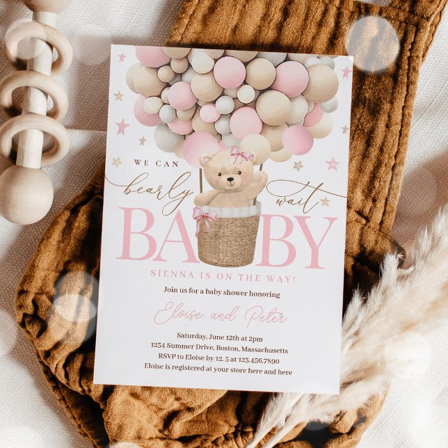 Invitation Teddy Bear Balloon Girl Bearly Wait Baby shower (Créateur téléchargé)