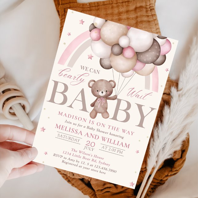 Invitation Teddy Bear Balloon Girl Bearly Wait Baby shower (Créateur téléchargé)