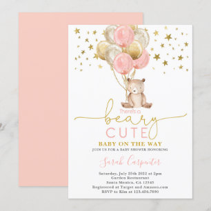 Invitation Teddy Bear Balloons Baby shower Girl
