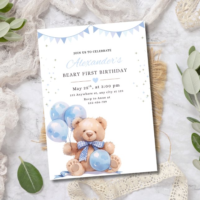 Invitation Teddy Bear Balloons Birthday Invite, Beary First (Créateur téléchargé)