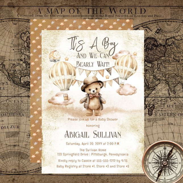 Invitation Teddy Bear Balloons Garçon Bearly Wait Baby shower ("It's A Boy and We Can Bearly Wait!" Teddy Bear | Hot Air Balloons Natural Baby Shower Invitation)