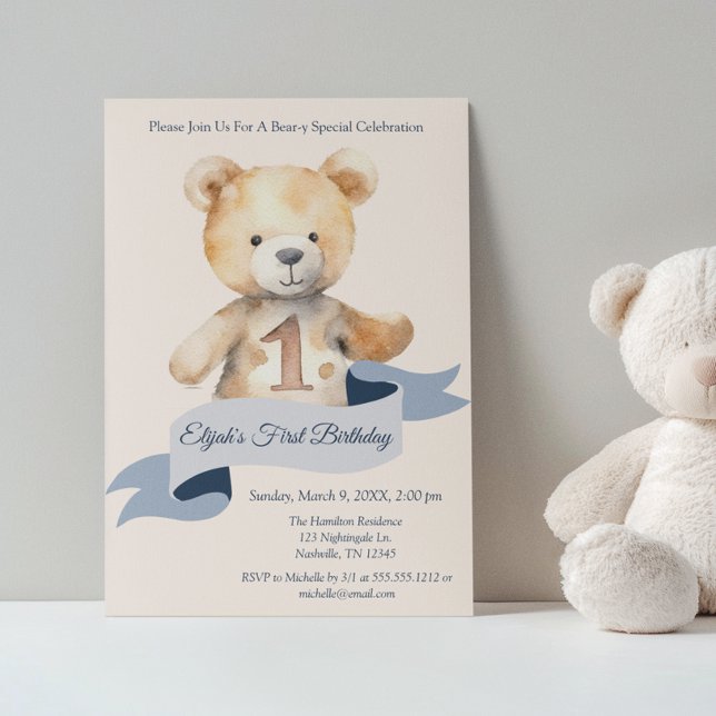 Invitation Teddy Bear Banner Boys Premier anniversaire (Créateur téléchargé)