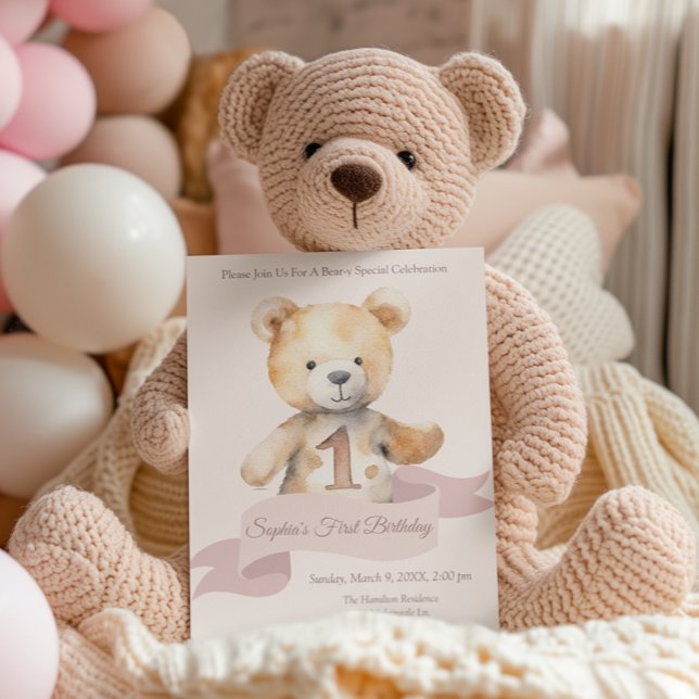 Invitation Teddy Bear Banner Girls Premier anniversaire (Créateur téléchargé)