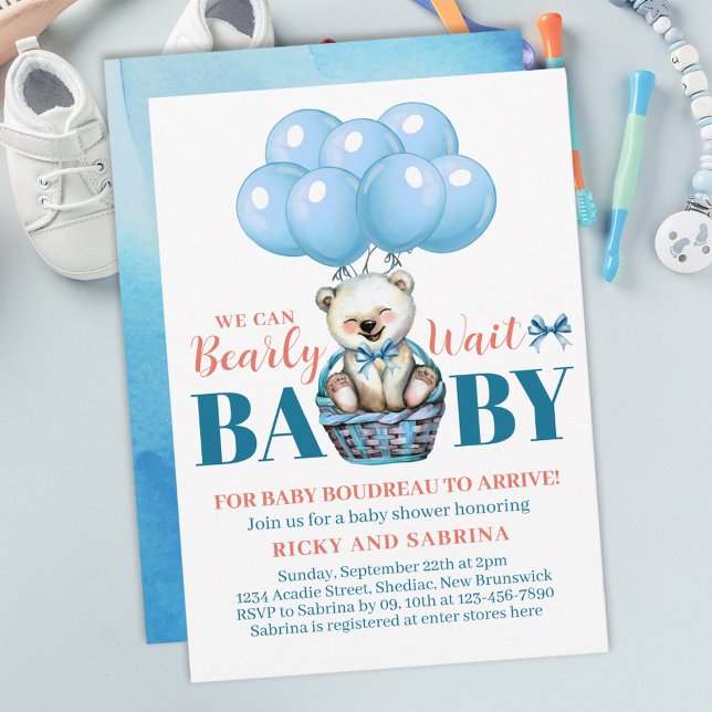 Invitation Teddy Bear Bearly There Baby shower bleu (Créateur téléchargé)
